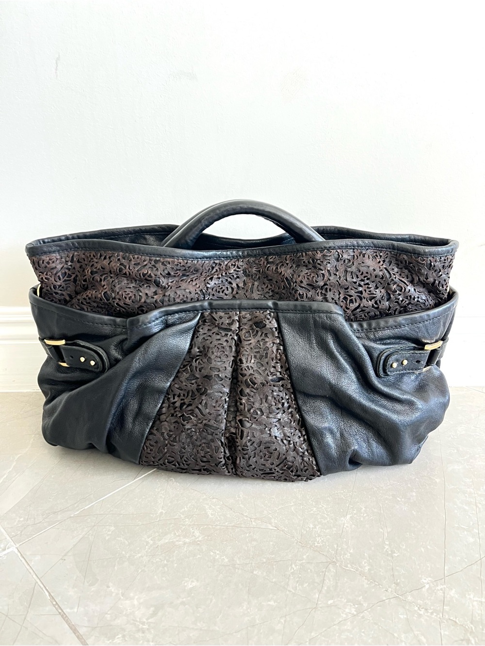 CC SKYE Ex Large Shoulder Bag Black Brown Leather Laser Cut Travel Tote